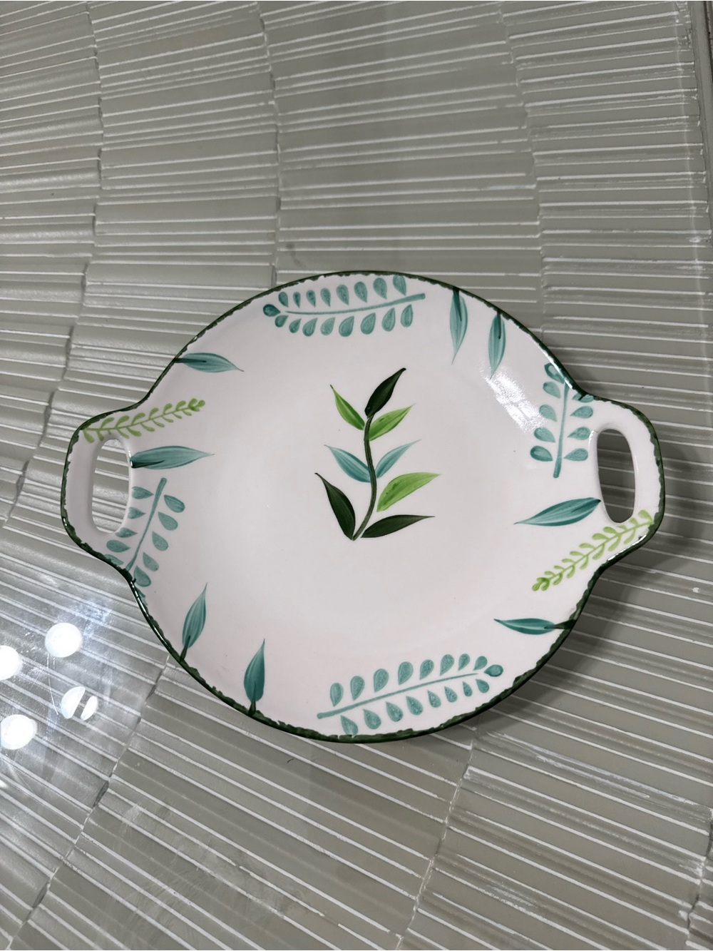 White Ceramic Serving Platter with Green Leaf Design and Handles